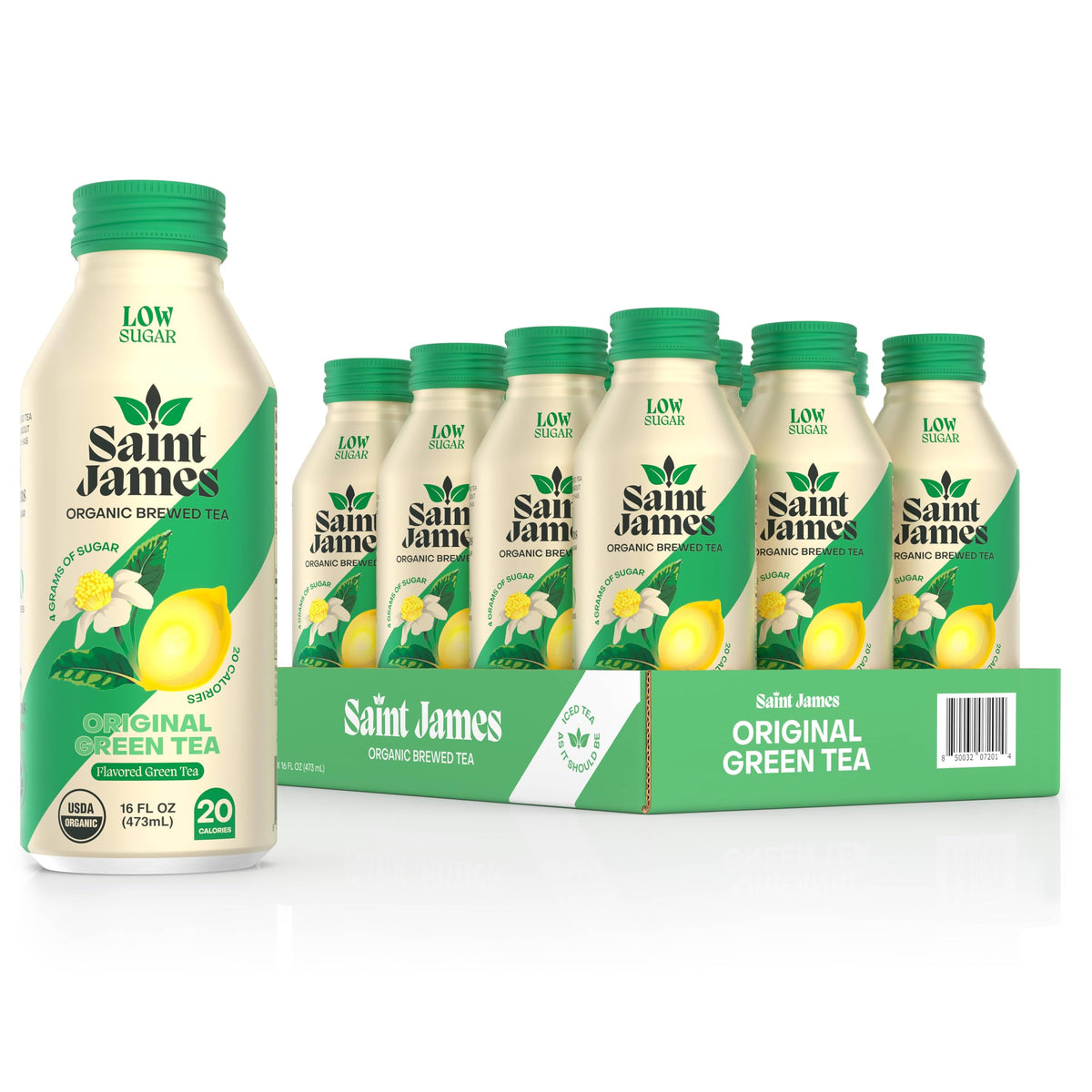 Saint James Iced Tea bottle in new aluminum packaging highlights freshness.
