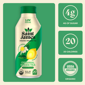 Saint James Iced Tea bottle pour showcases clean, mellow green tea flavor.
