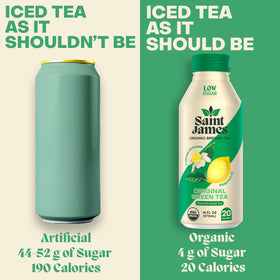Saint James Iced Tea label closeup emphasizes organic, non-GMO credentials.