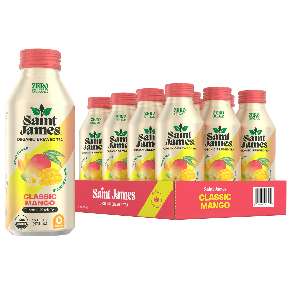 Saint James Iced Tea Mango 12-pack front view for a zero-calorie tropical refreshment.