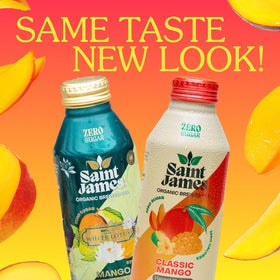 Saint James Iced Tea Mango 12-pack side view highlighting organic ingredients.