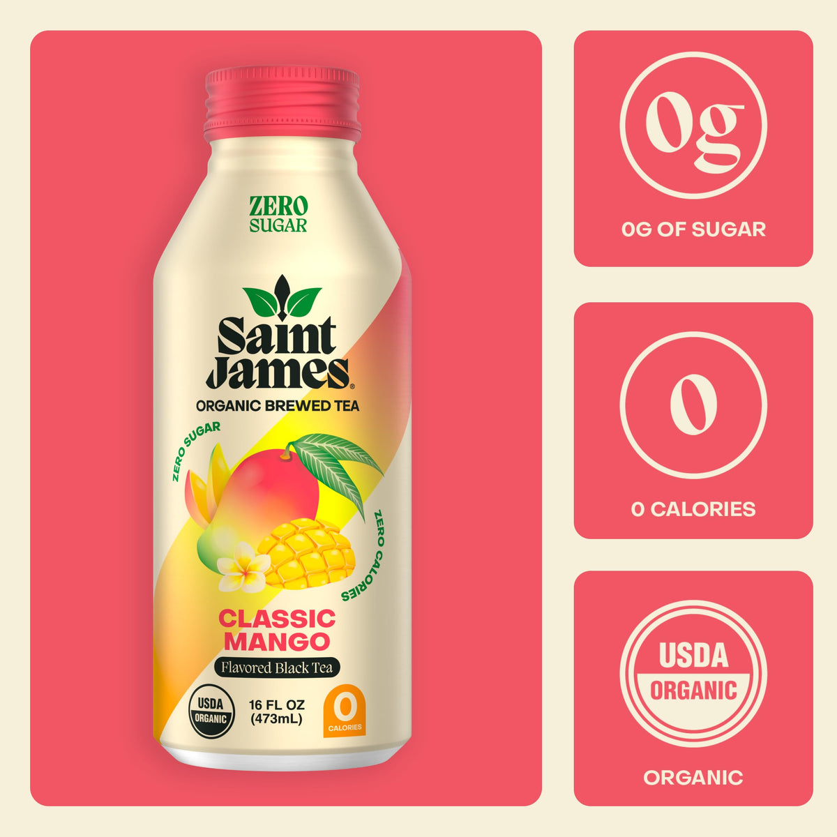Saint James Iced Tea Mango bottle closeup showing real fruit flavor.