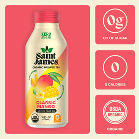 Saint James Iced Tea Mango bottle closeup showing real fruit flavor.