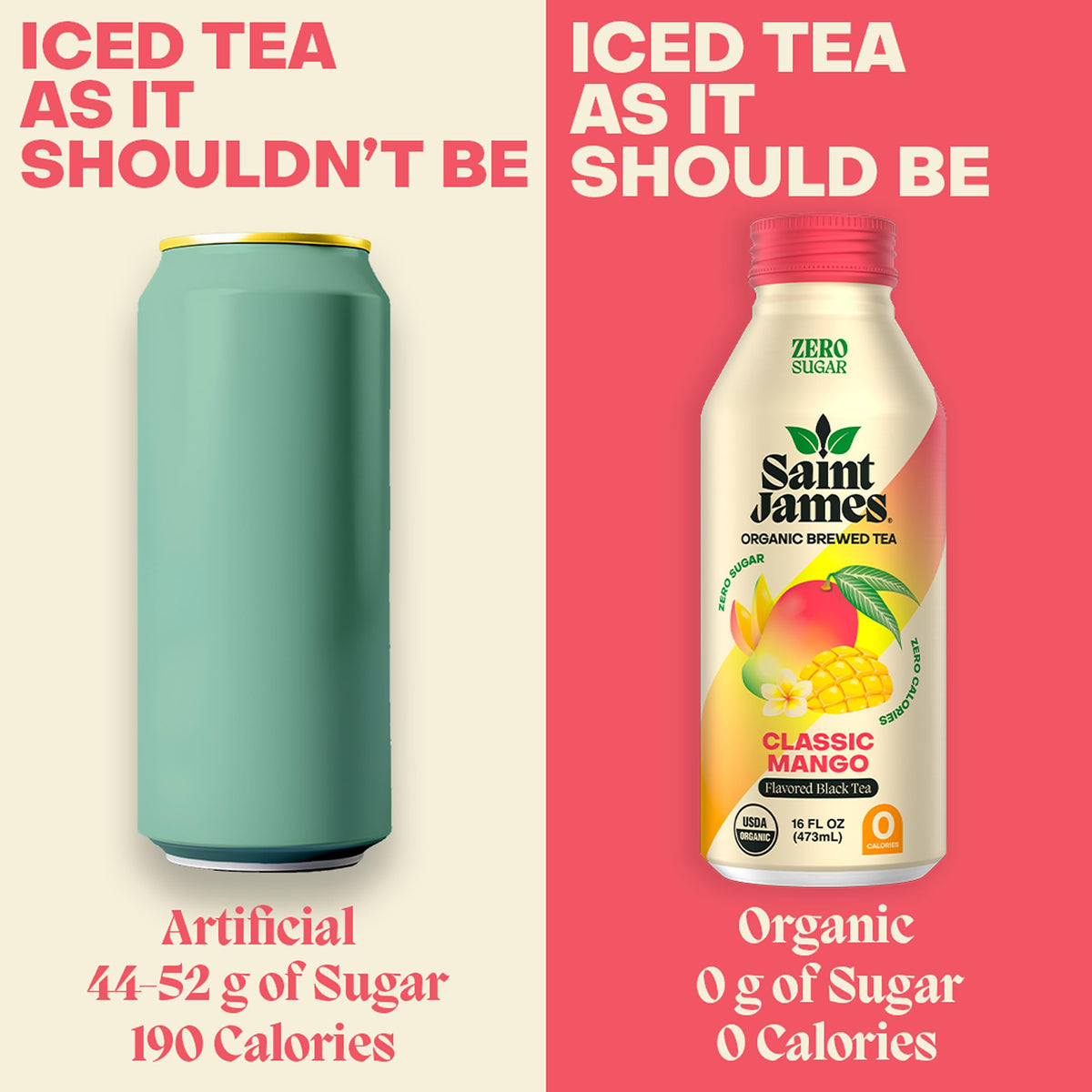 Saint James Iced Tea Mango ingredients panel closeup emphasizing organic plant-based tea.