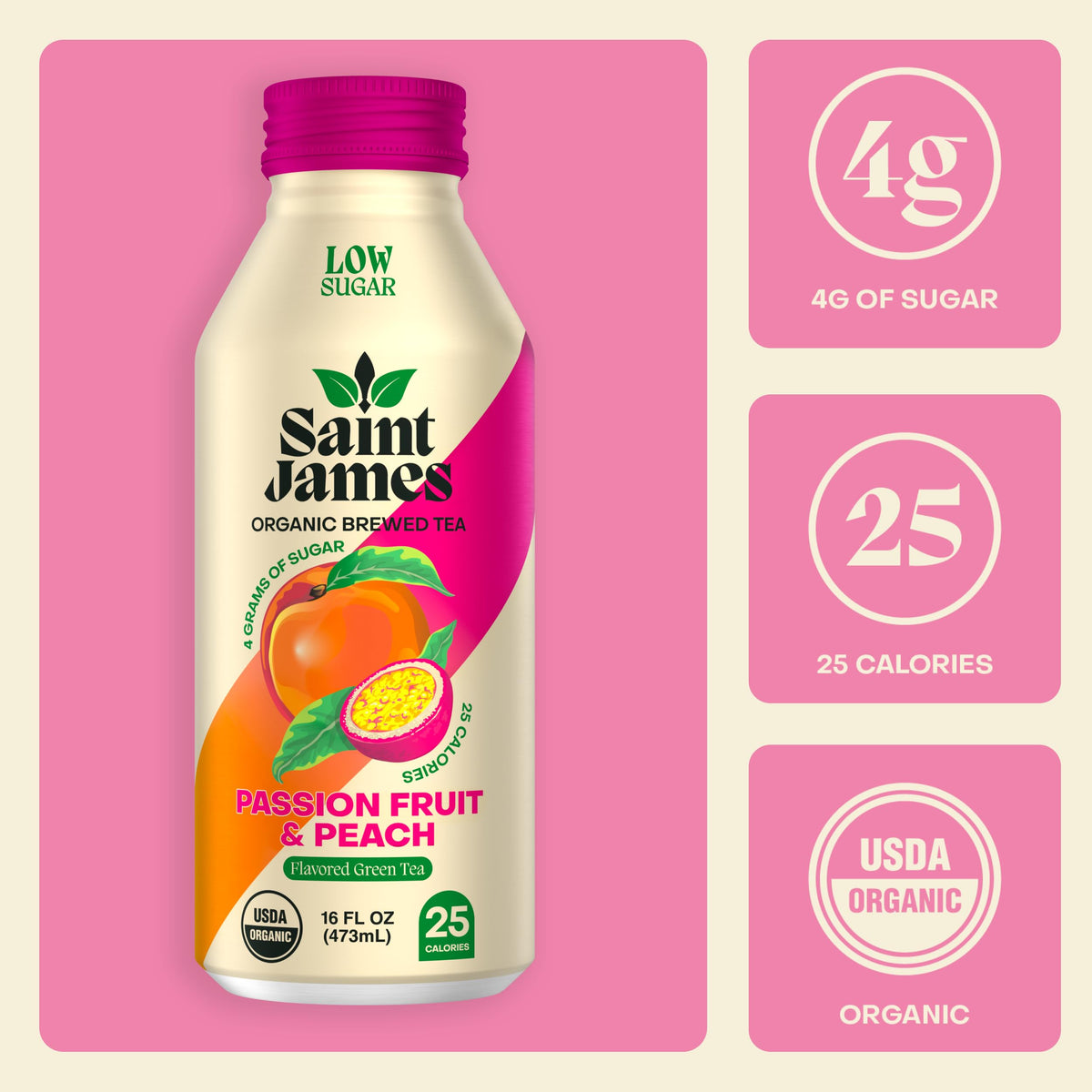 Saint James Iced Tea passion fruit peach flavor delivers tropical freshness in every sip