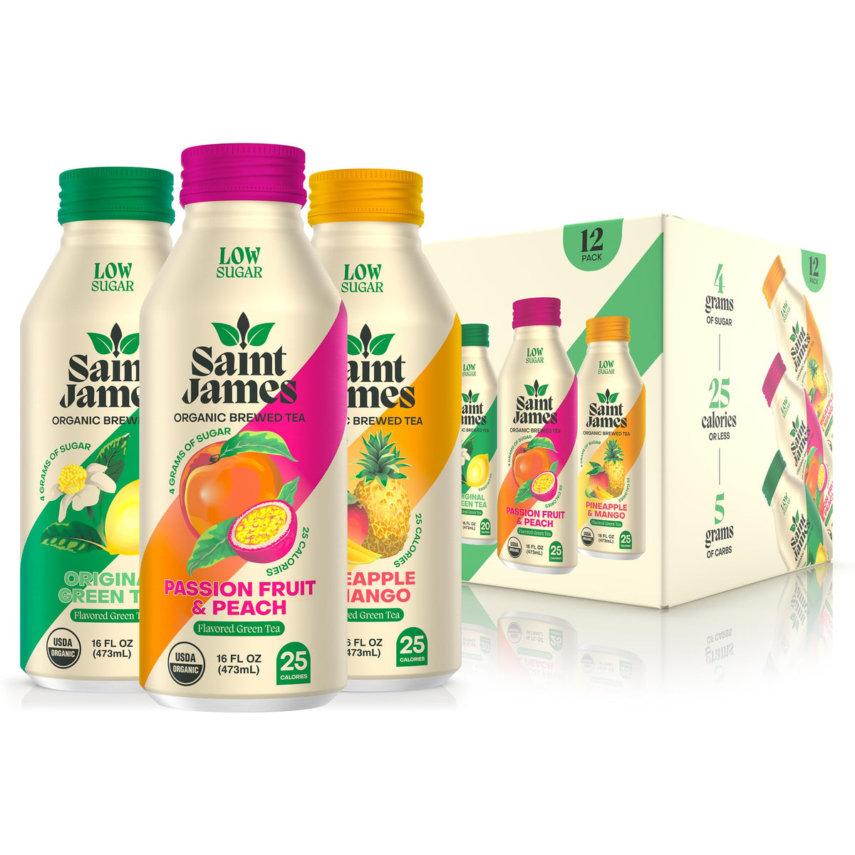Saint James Passionfruit and Peach iced tea bottle, refreshing organic energy for a sunny afternoon