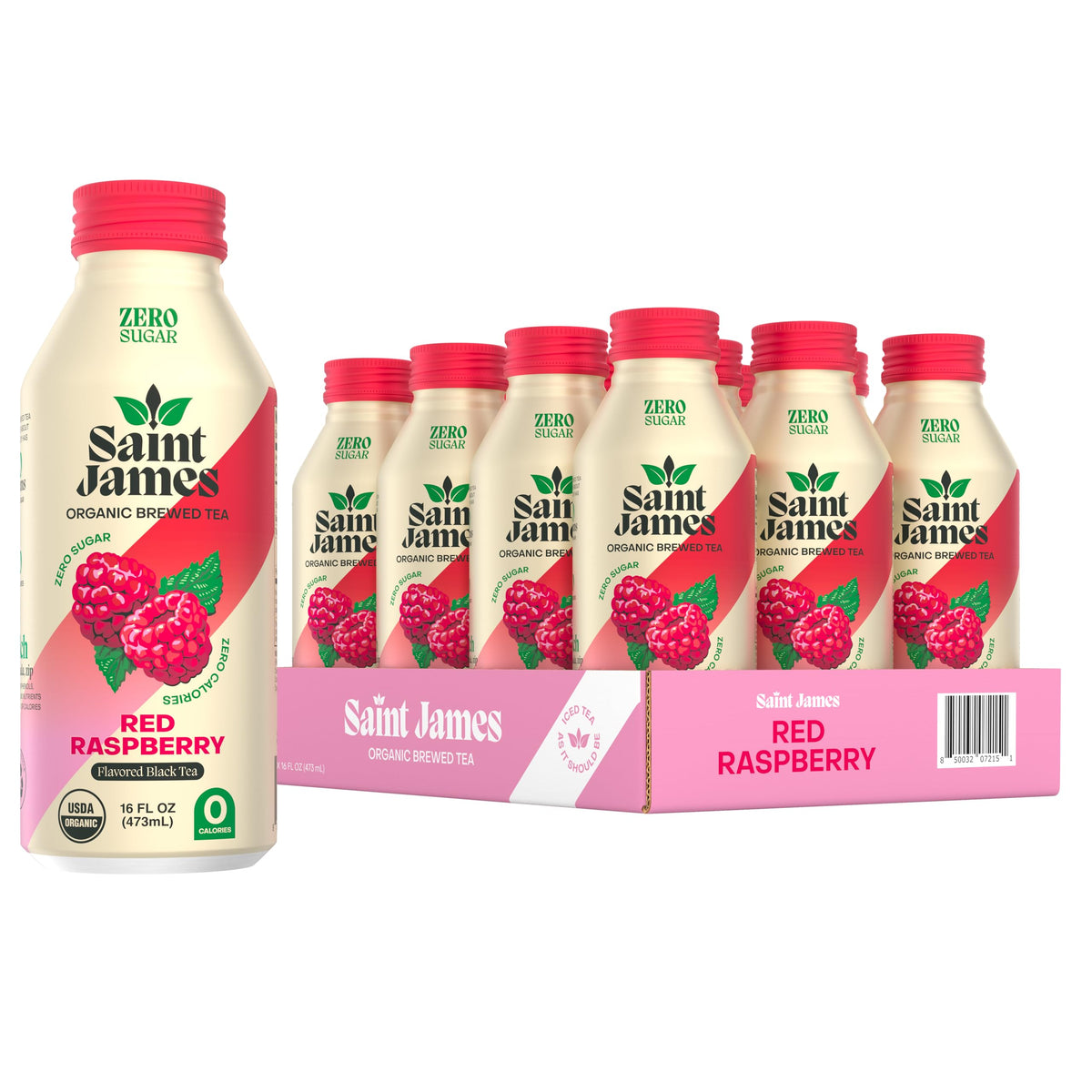 Saint James Iced Tea red raspberry bottle—zero-calorie refreshment