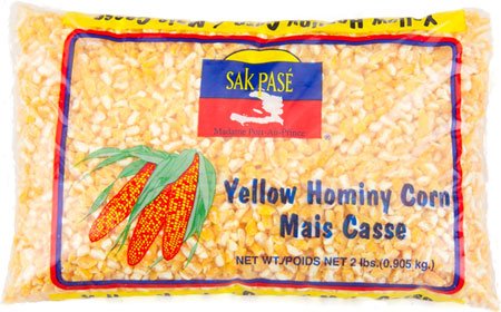 Sak Pase Yellow Hominy Corn 32oz, bright kernels for hearty soups and stews.