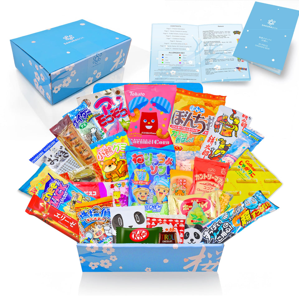 Sakura Box dagashi assortment, colorful 30-piece snack set for sharing.