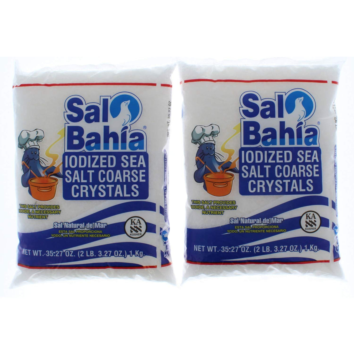 Sal Bahia iodized sea salt coarse crystals in a convenient two-pack for everyday seasoning.