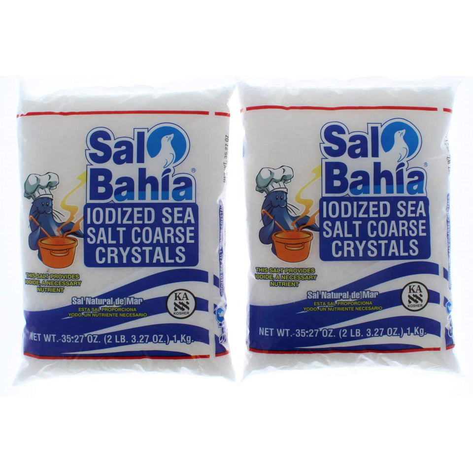 Sal Bahia iodized sea salt coarse crystals in a convenient two-pack for everyday seasoning.