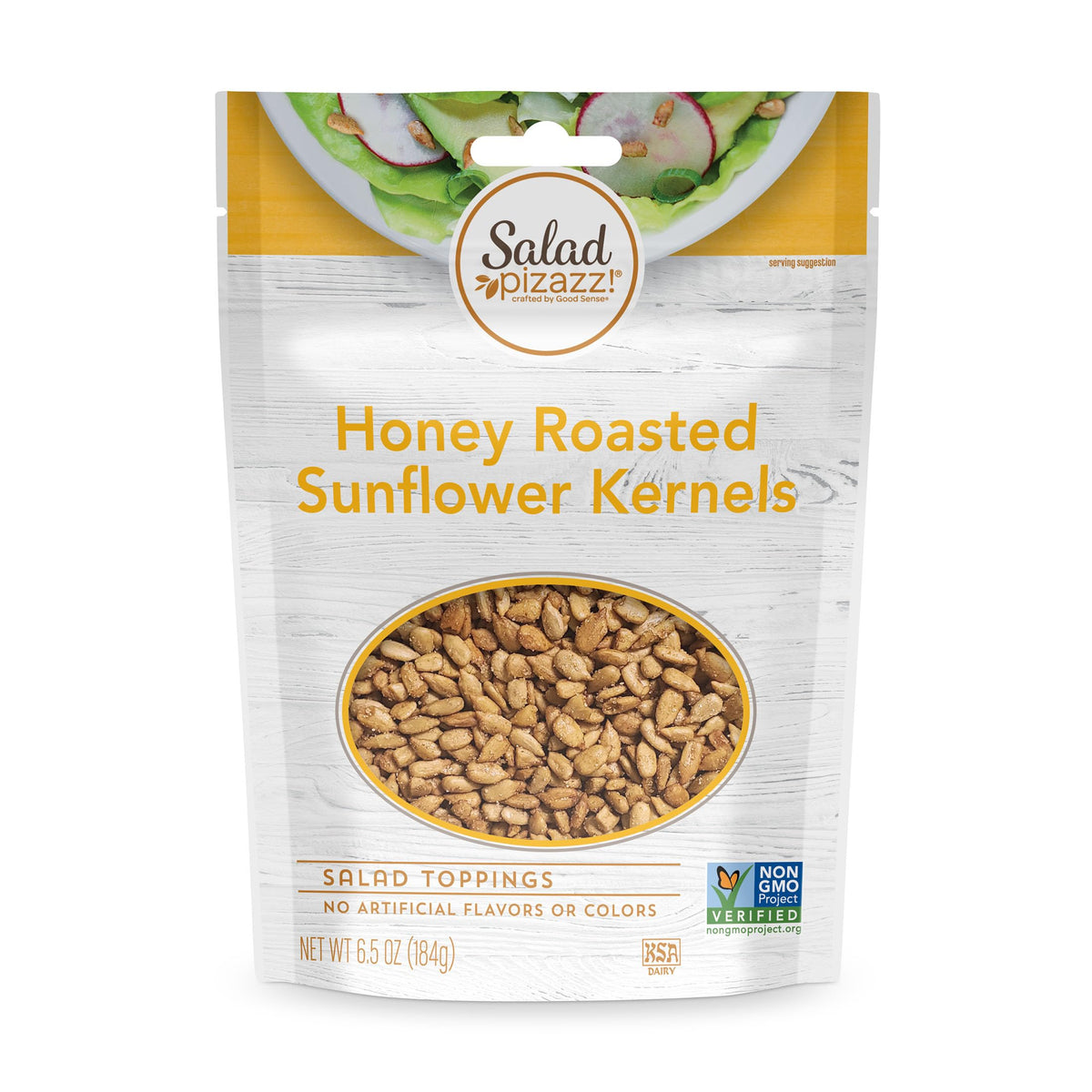 Salad Pizazz honey roasted sunflower kernels in a resealable bag for fresh, protein-rich snacking.