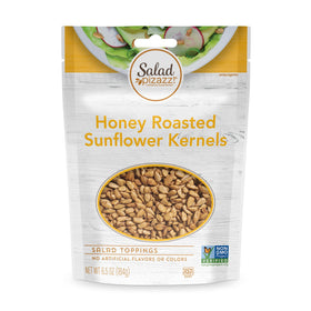 Salad Pizazz honey roasted sunflower kernels in a resealable bag for fresh, protein-rich snacking.