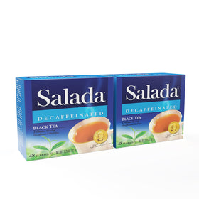 Salada decaffeinated black tea box on shelf for daily refreshment.