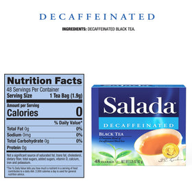 Chilled Salada decaffeinated black tea in a glass, refreshing iced beverage.