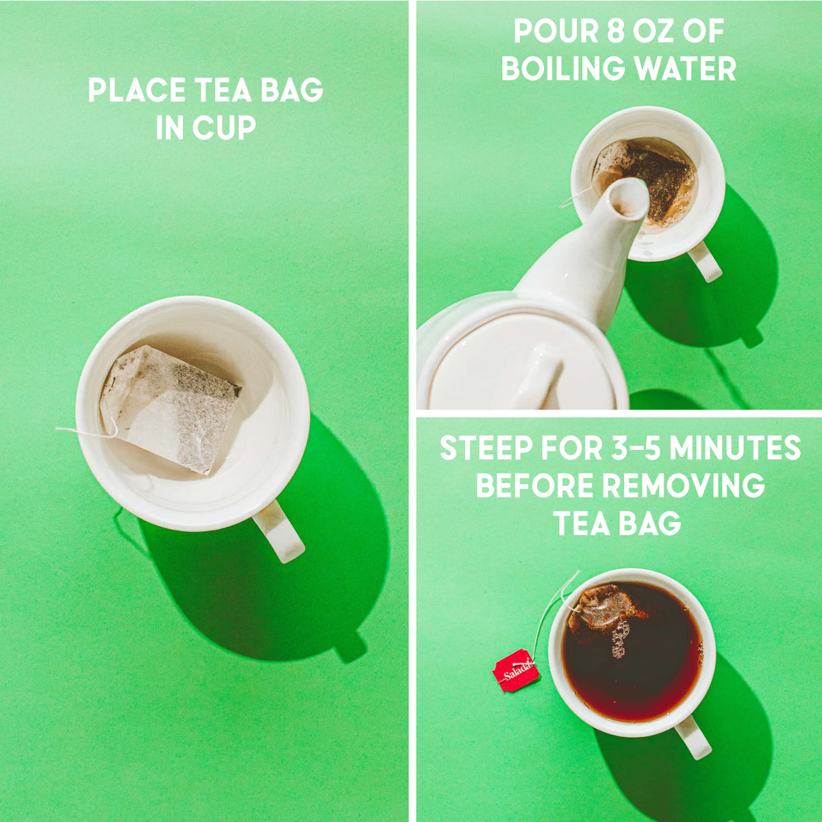 Salada decaffeinated black tea bags package, convenient 48-bag supply for hot or cold.