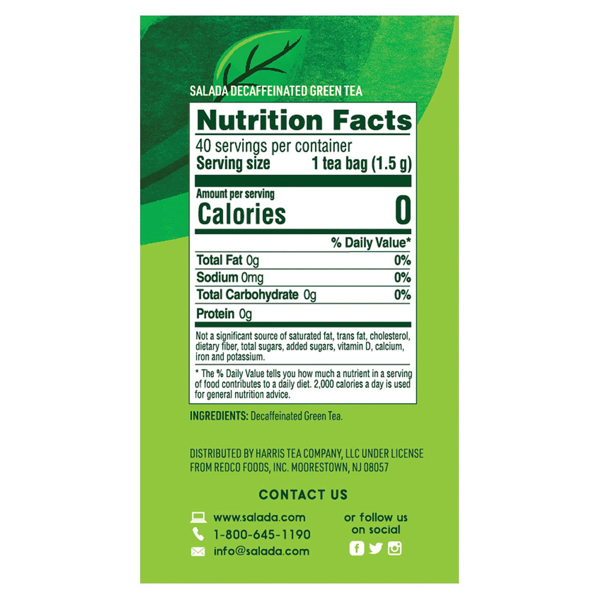 Close-up of Salada decaffeinated green tea bags showing smooth flavor.