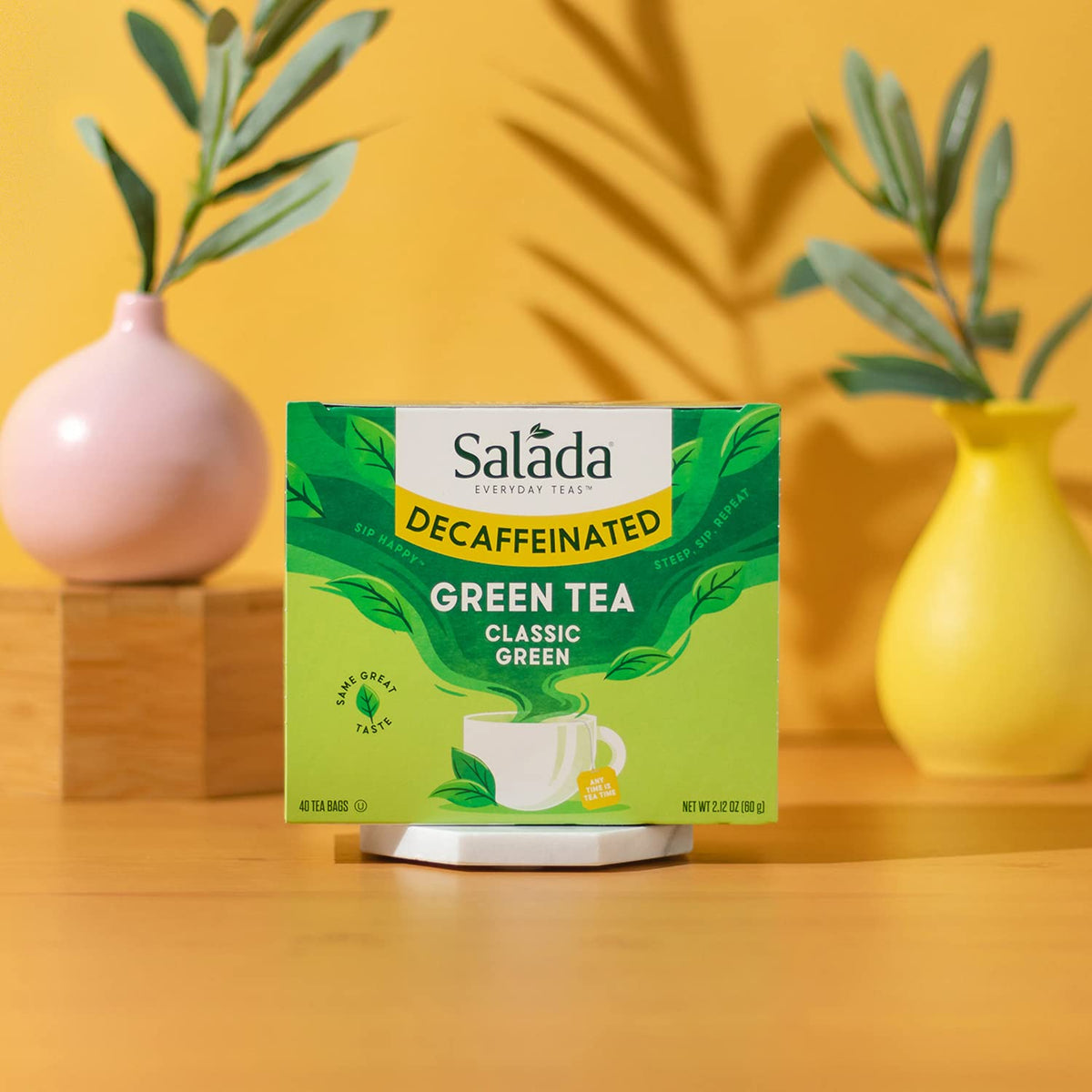 Salada hot-brew decaf green tea in a cup for a warm moment.
