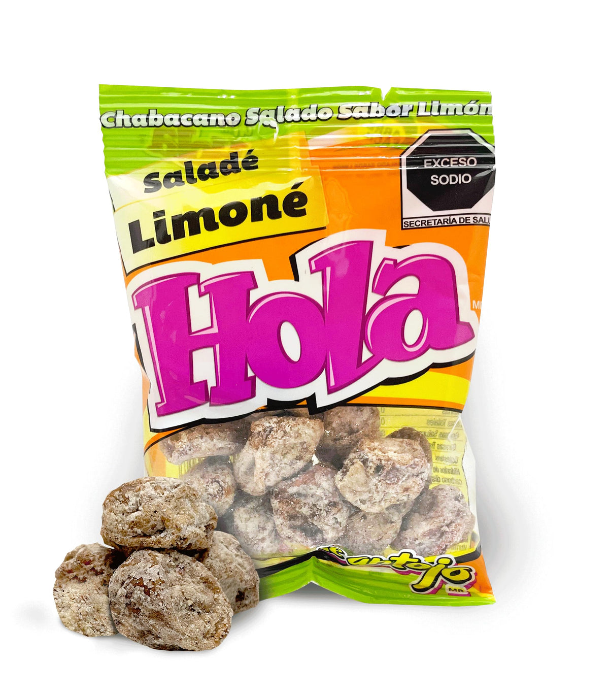 Saladulces Hola Lobito lemon-flavored salted apricot close-up, tangy snack perfect for on-the-go.