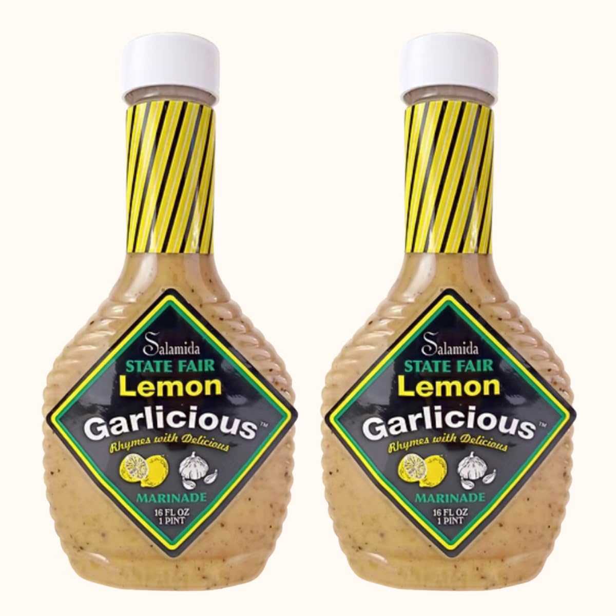 Salamida Lemon Garlicious Marinade bottle highlights all-natural, gluten-free flavor for seafood or poultry.