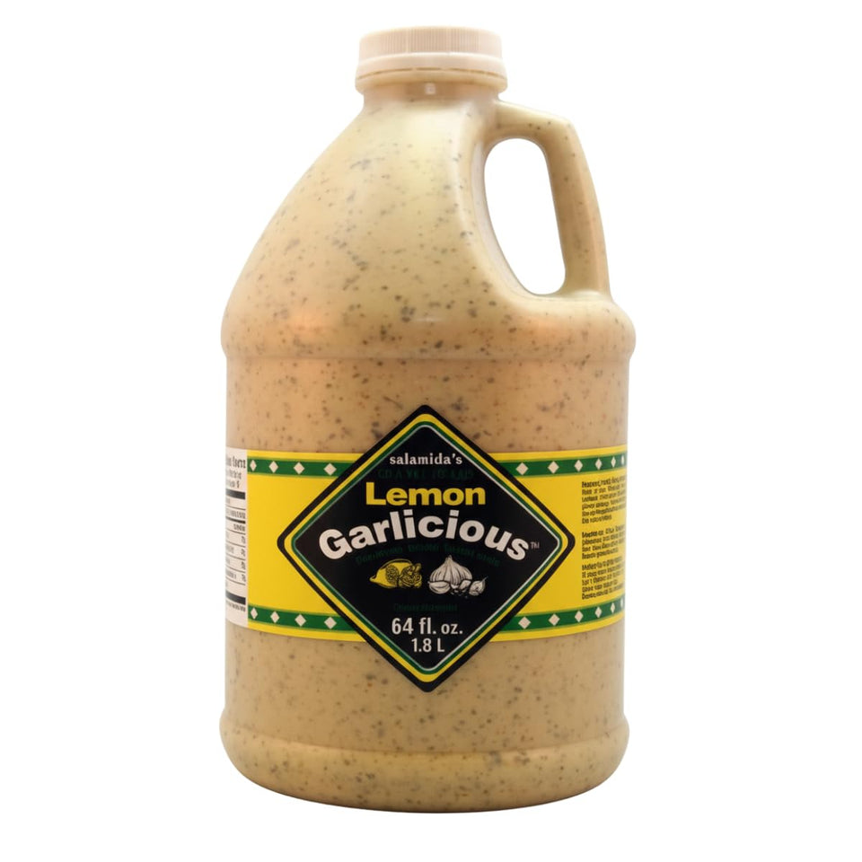 Salamida Lemon Garlicious Marinade bottle highlighting bright lemon and garlic for seafood.