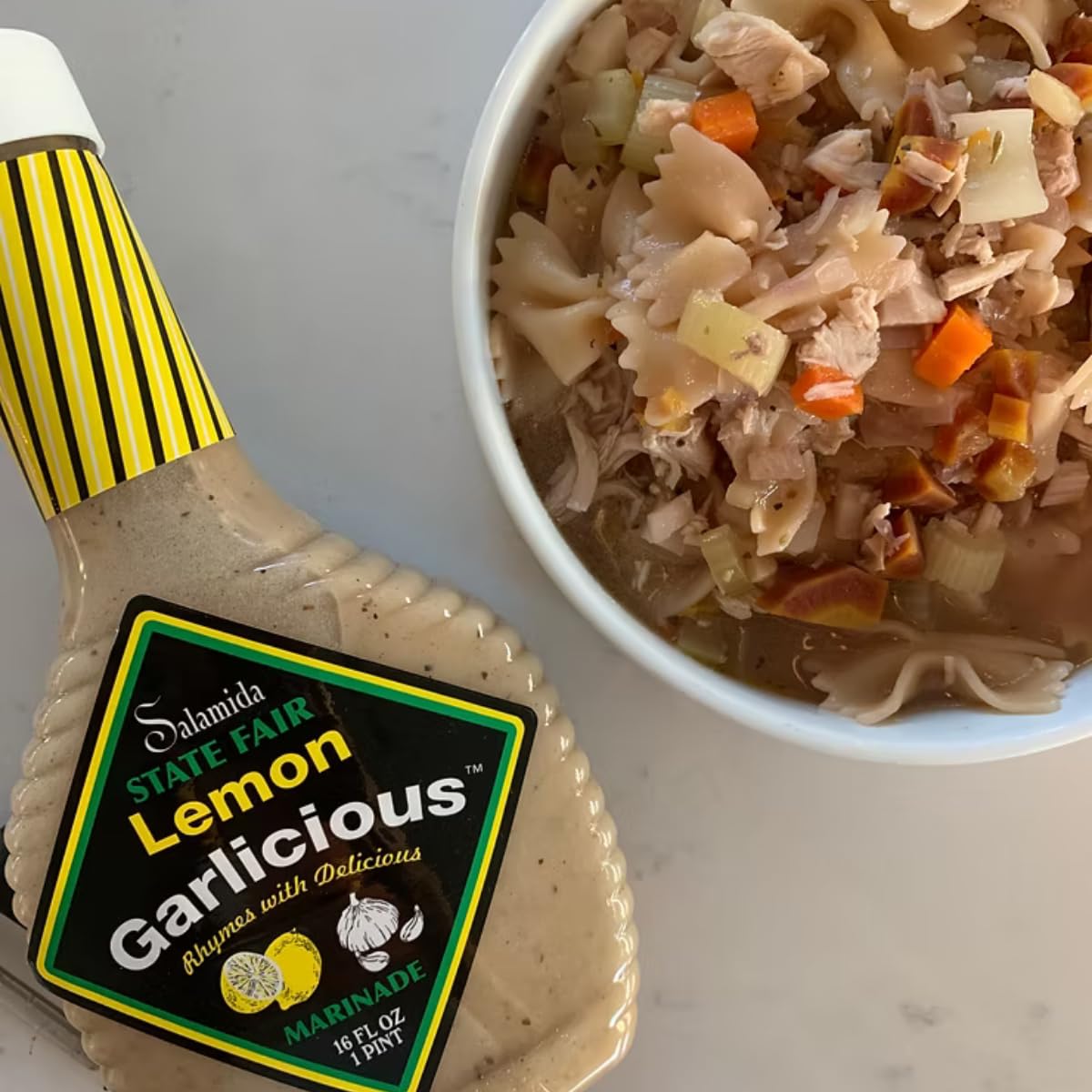 Prepared dish using Salamida Lemon Garlicious Marinade adds a zesty finish to chicken or pork.