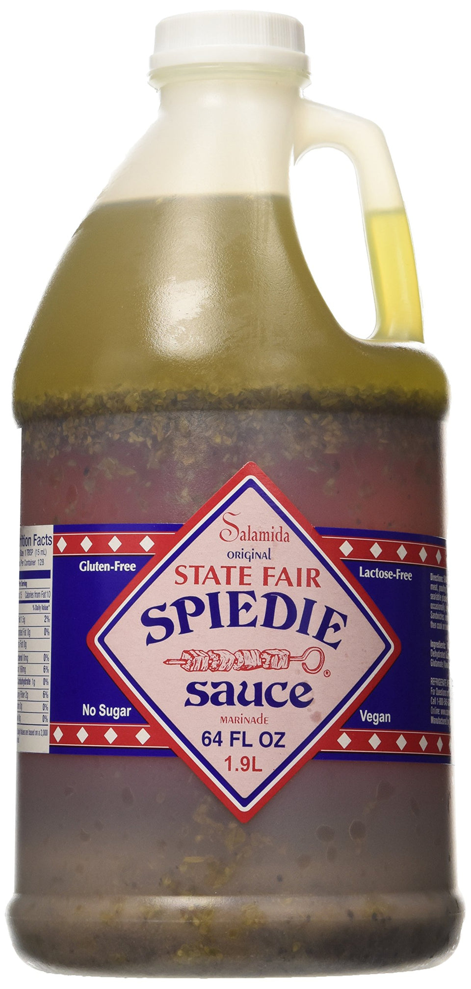Salamida Spiedie Original Sauce bottle ideal for marinating meats and veggies.