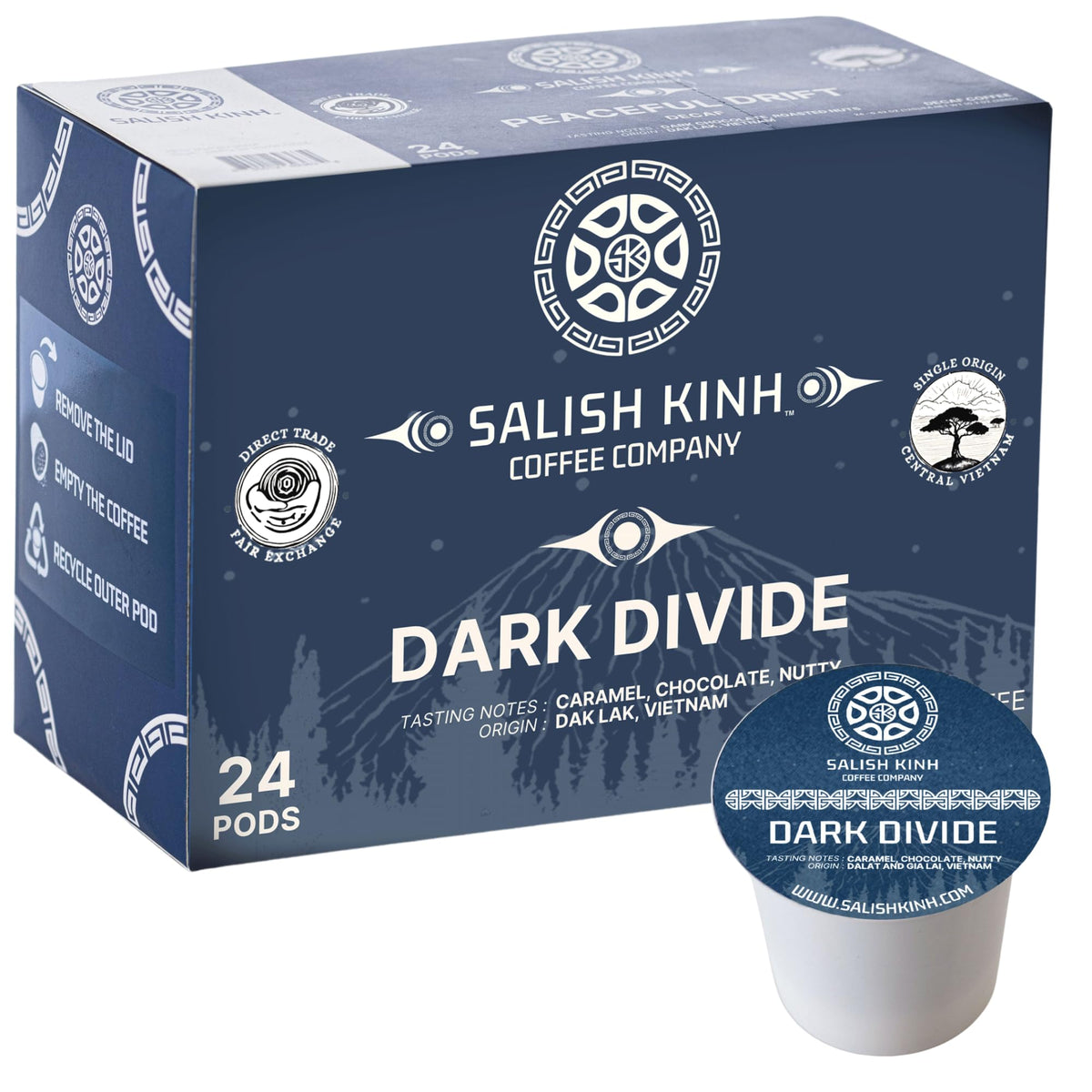 Salish Kinh Dark Divide pods in a box highlight bold Vietnamese Robusta.