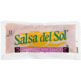 Salsa Del Sol jalapeño hot sauce single-serve packet for on-the-go flavor.