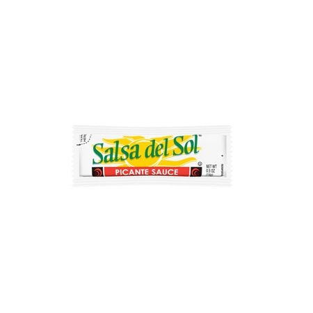 Salsa Del Sol Picante sauce packet; convenient single-serve portion for meals and snacks.