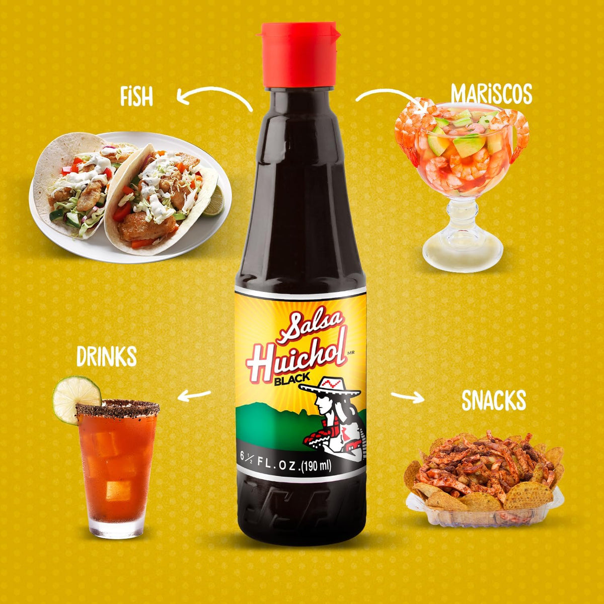 SALSA HUICHOL Negra vertical bottle display emphasizes pantry-ready convenience.