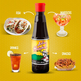 SALSA HUICHOL Negra vertical bottle display emphasizes pantry-ready convenience.