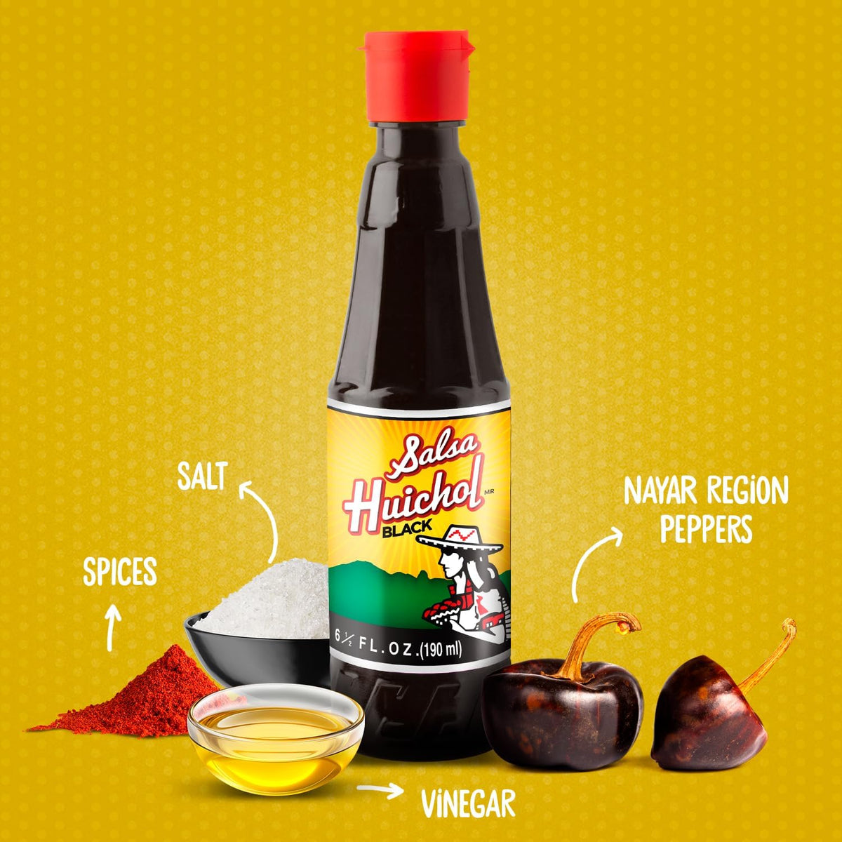 SALSA HUICHOL Negra bottle with Mexico origin label signals authentic flavor.