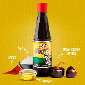 SALSA HUICHOL Negra bottle with Mexico origin label signals authentic flavor.