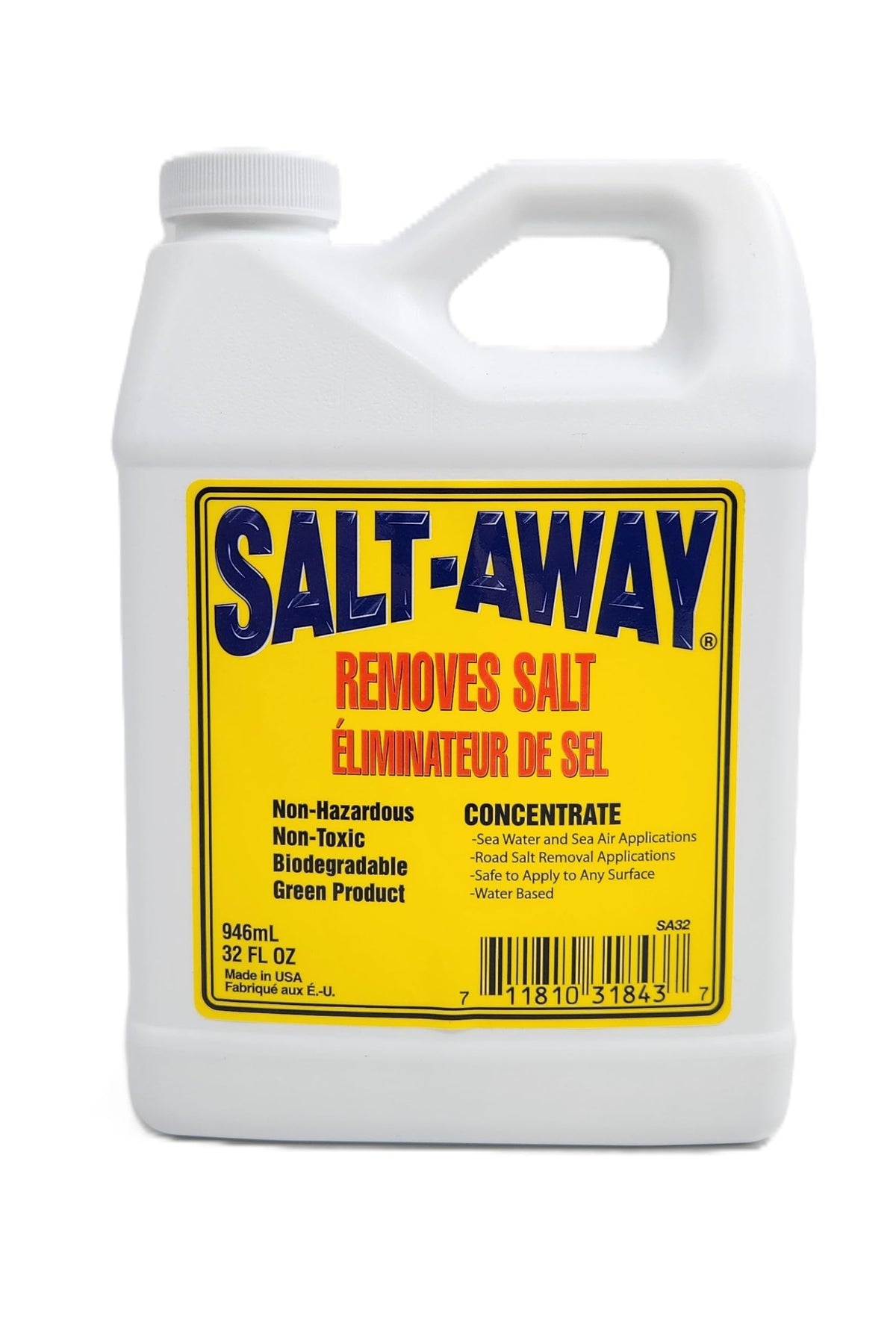 Salt-Away Concentrate quart bottle being poured for easy salt removal on deck.