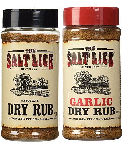 Salt Lick Double Rub Assortment bottle with Original and Garlic rubs for flavorful grilling.