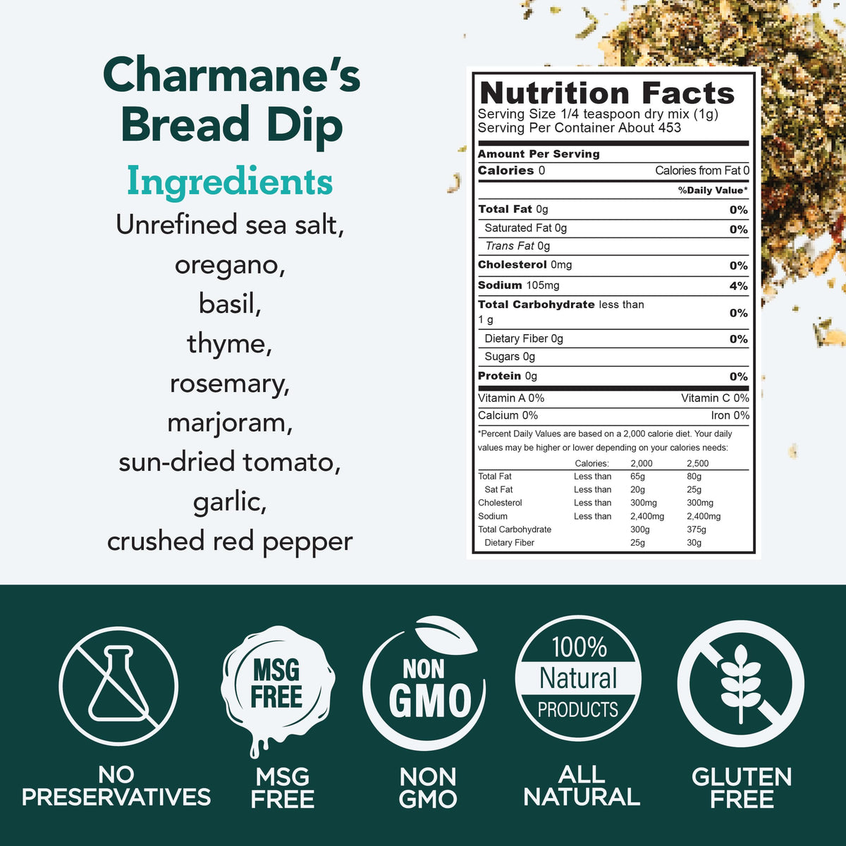 s.a.l.t. sisters Charmane's Bread Dip blends garlic and herbs for rich flavor.