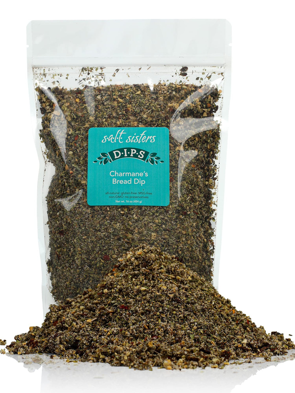 s.a.l.t. sisters Charmane's Bread Dip jar with vibrant herb blend for dipping bread.