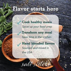s.a.l.t. sisters On kitchen counter during meal prep with Salt Sisters seasoning ready to use.