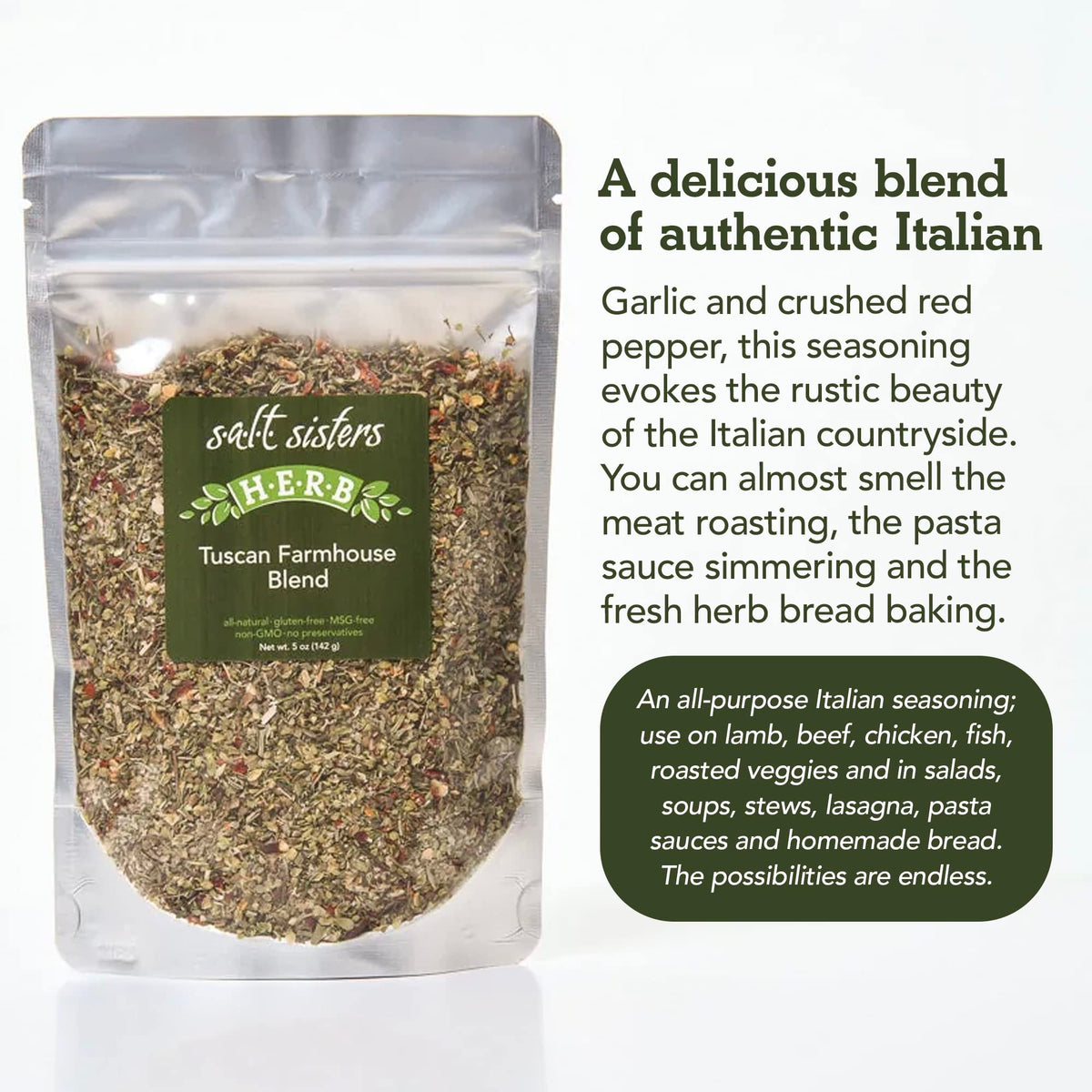s.a.l.t. sisters Spice rack scene featuring Salt Sisters Tuscan blend for easy seasoning.