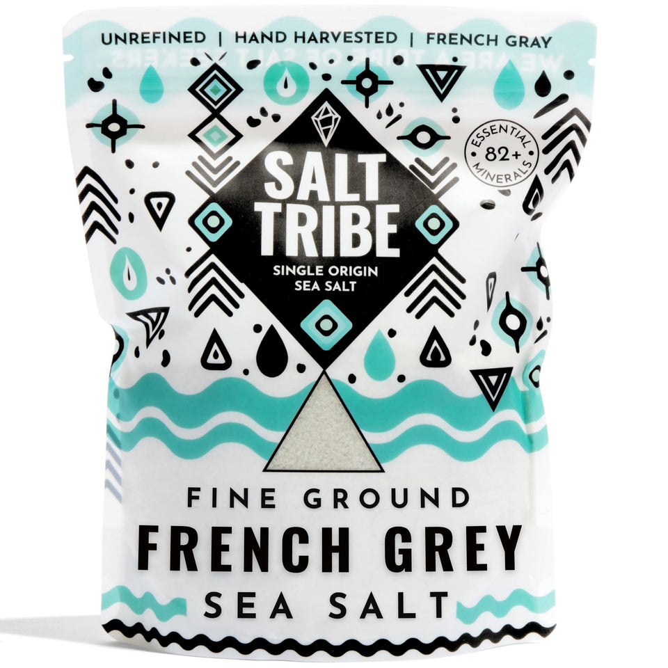 Salt Tribe French Grey Sea Salt bottle showcases hand-harvested purity for cooking.