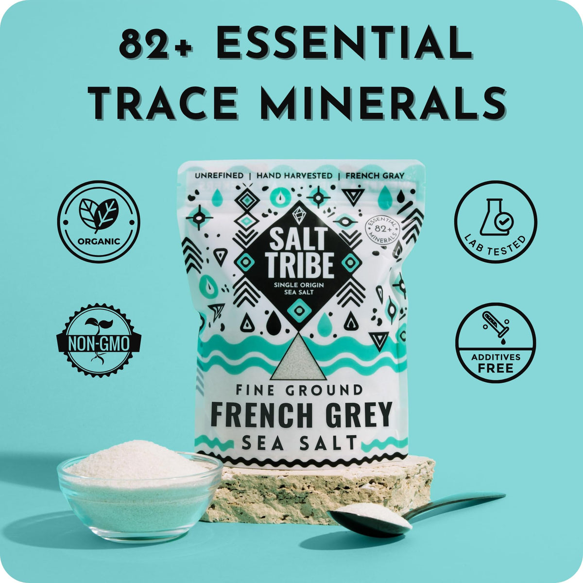 Salt Tribe French Grey Sea Salt pour highlights savory texture for finishing dishes.