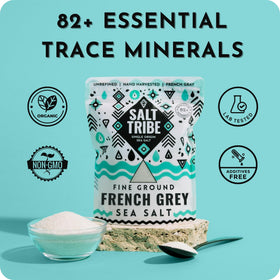 Salt Tribe French Grey Sea Salt pour highlights savory texture for finishing dishes.