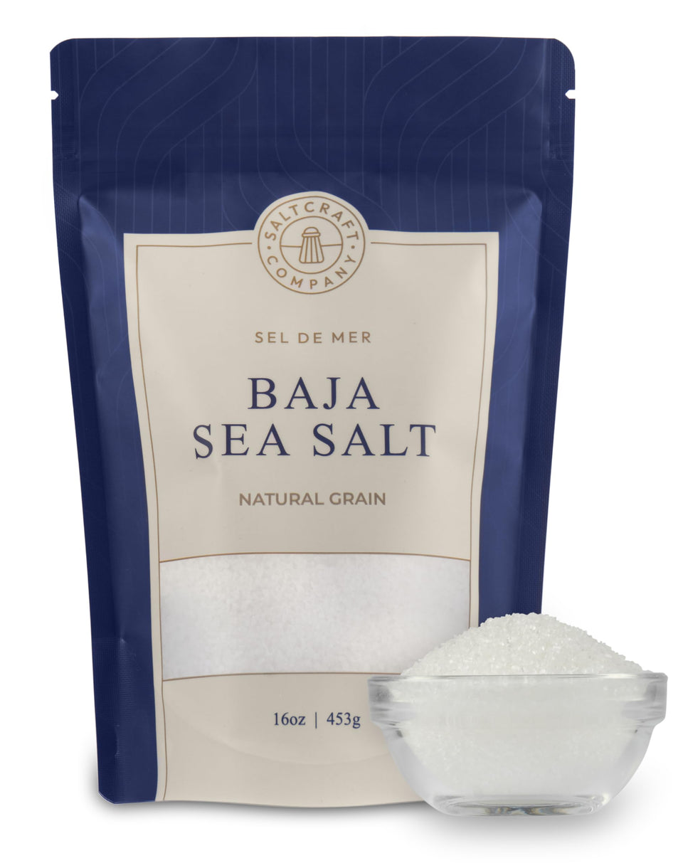 SaltCraft Baja Sea Salt 16 oz bag with crystals ready for seasoning