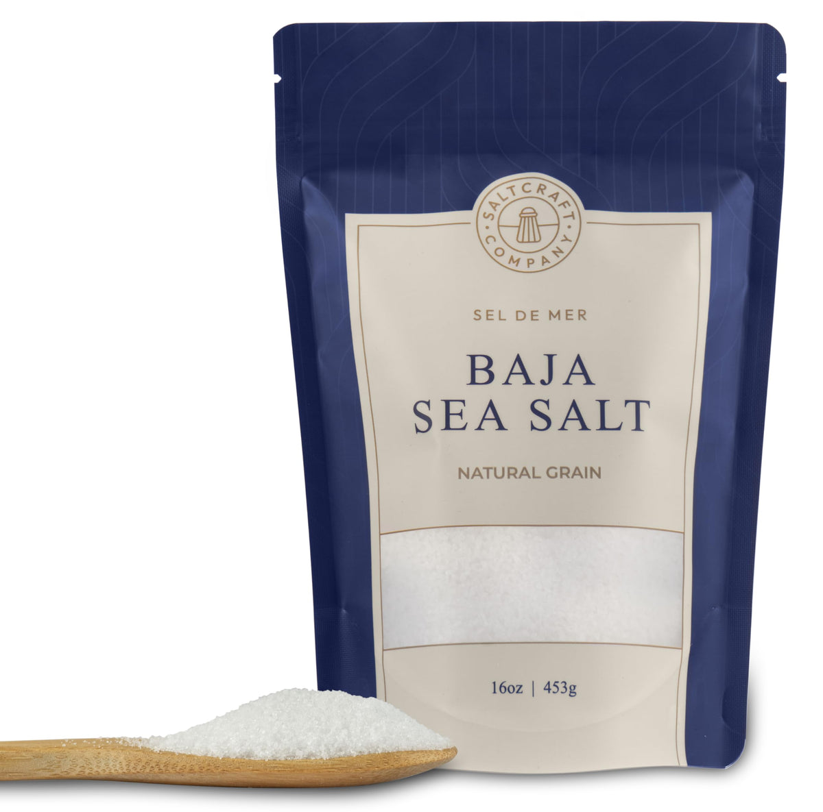 Open bag of SaltCraft Baja Sea Salt with visible crystals