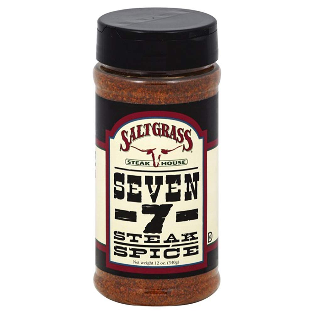 Saltgrass Seven-7 Steak Spice jar enhances grilling flavor and savory sear.