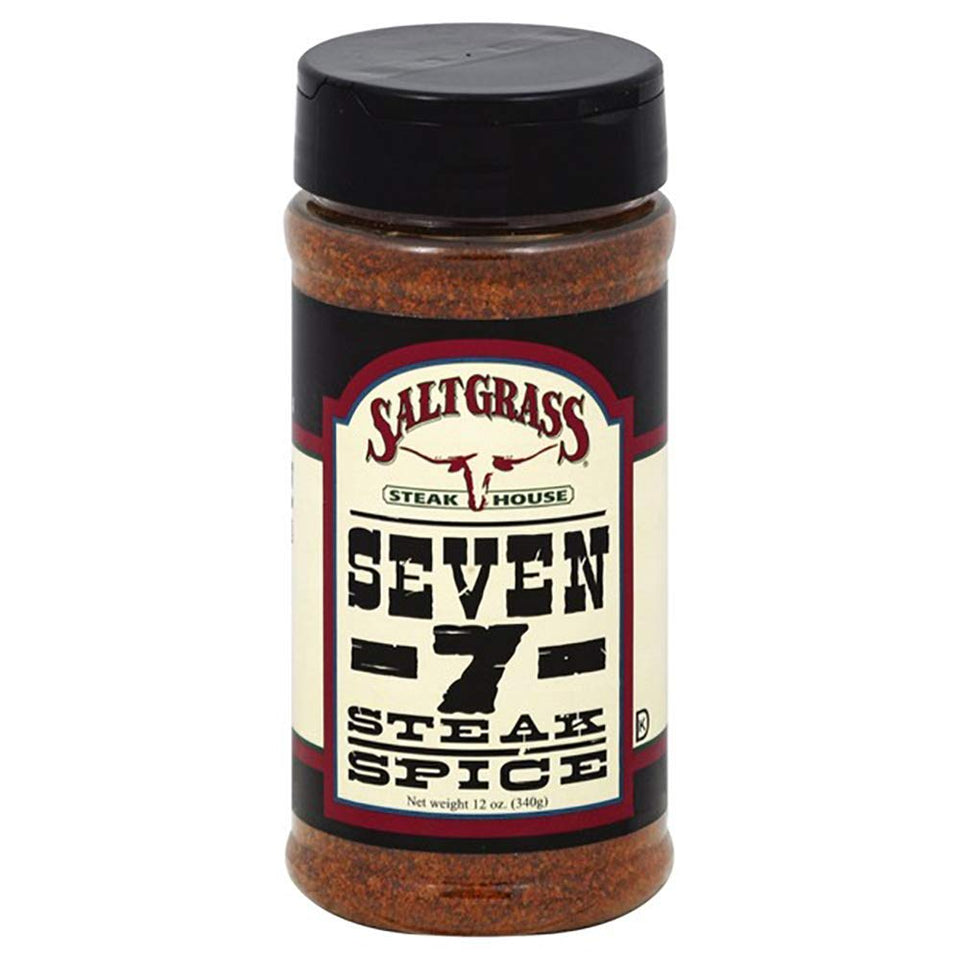 Saltgrass Seven-7 Steak Spice jar enhances grilling flavor and savory sear.