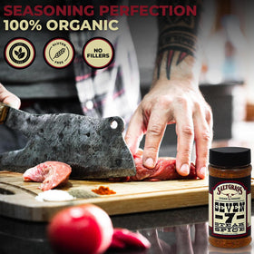 Saltgrass Seven Spice on a thick-cut T-bone steak for grilling.