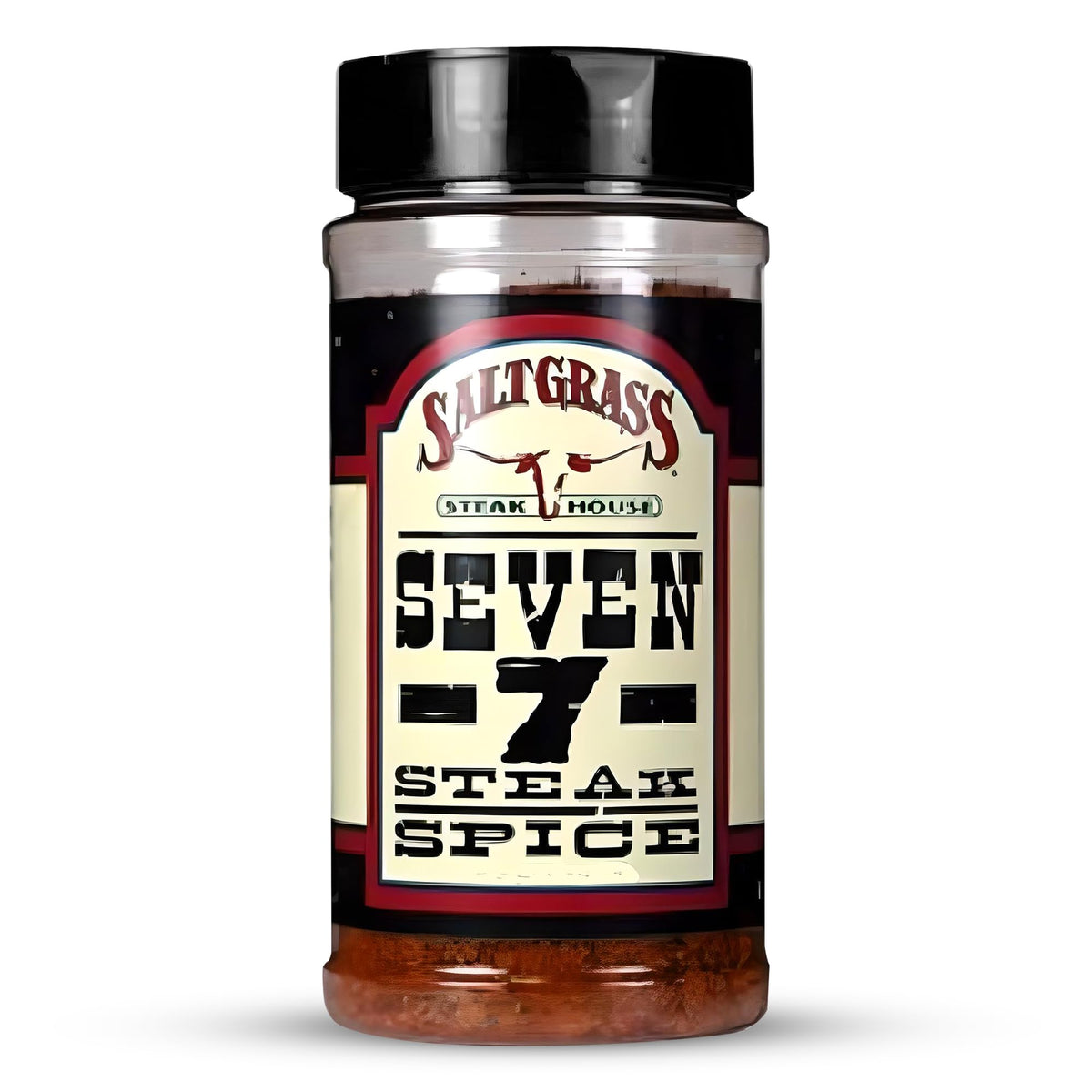 Saltgrass Seven Spice bottle close-up showing smoky steak seasoning.