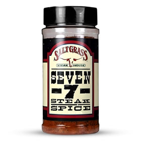 Saltgrass Seven Spice bottle close-up showing smoky steak seasoning.